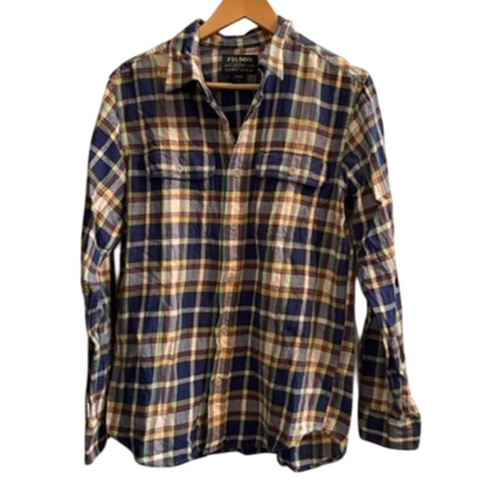 Filson Mens Plaid‎ Button Down Shirt S Navy Yellow Brown Cotton Flannel Outdoor